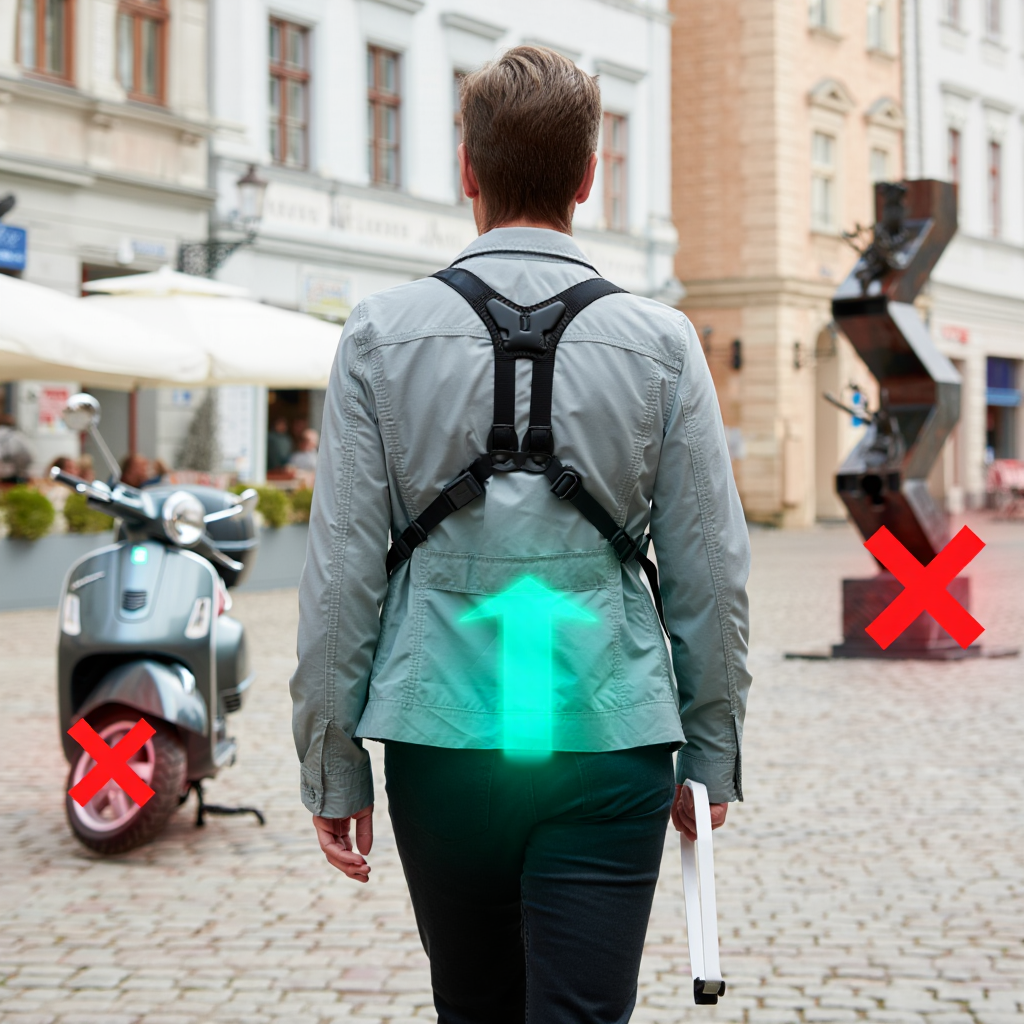 Detection of a clear path between obstacles using a camera and AI-powered app. The camera and AI-powered app guides the blind person across a square, avoiding both stationary and moving obstacles (e.g. statue, scooter).