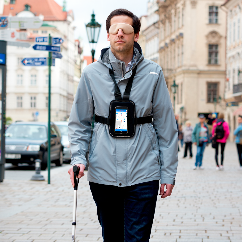A blind man is guided through the city center using a camera, an app, and voice instructions. The camera-based app uses AI and complements the white cane by providing voice guidance for orientation and obstacle avoidance.