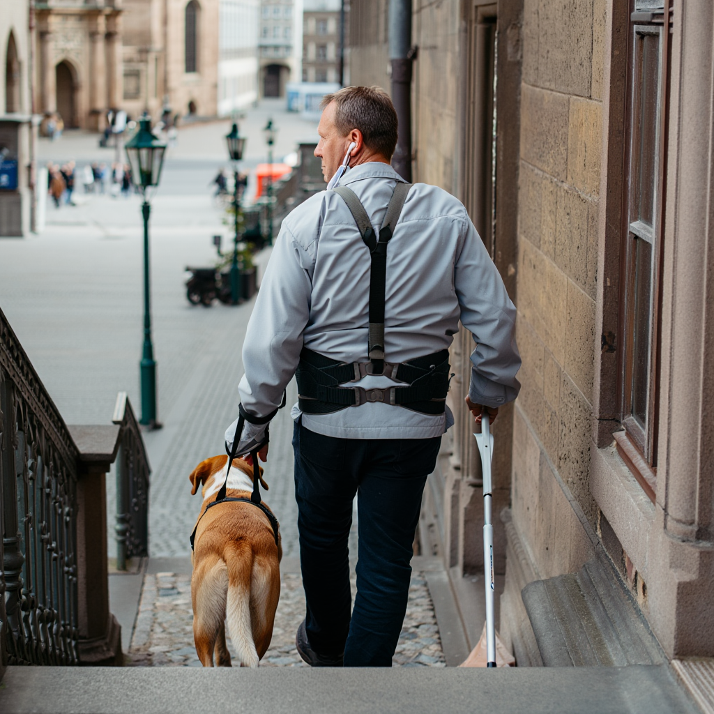 Interaction of the camera and AI-powered app with the white cane and guide dog on a staircase. While the dog guides out of a building and down the stairs, the camera and AI-powered app maintains an overview of what lies ahead.
